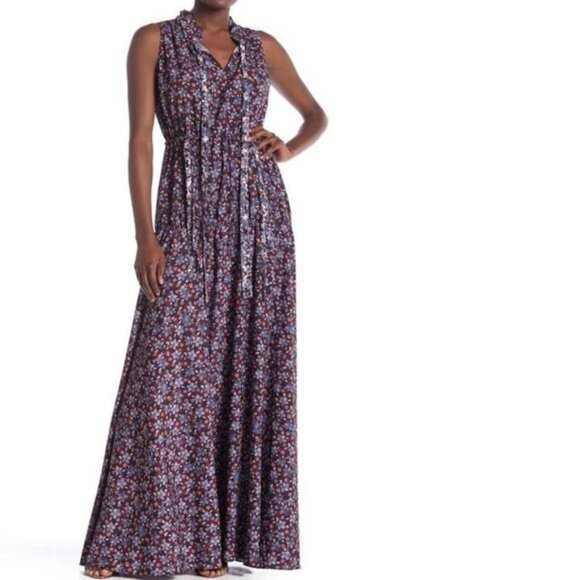 ML MONIQUE LHUILLIER Floral Print Maxi Sleeveless Dress 0 NWT Purple Multicolor - Picture 2 of 8